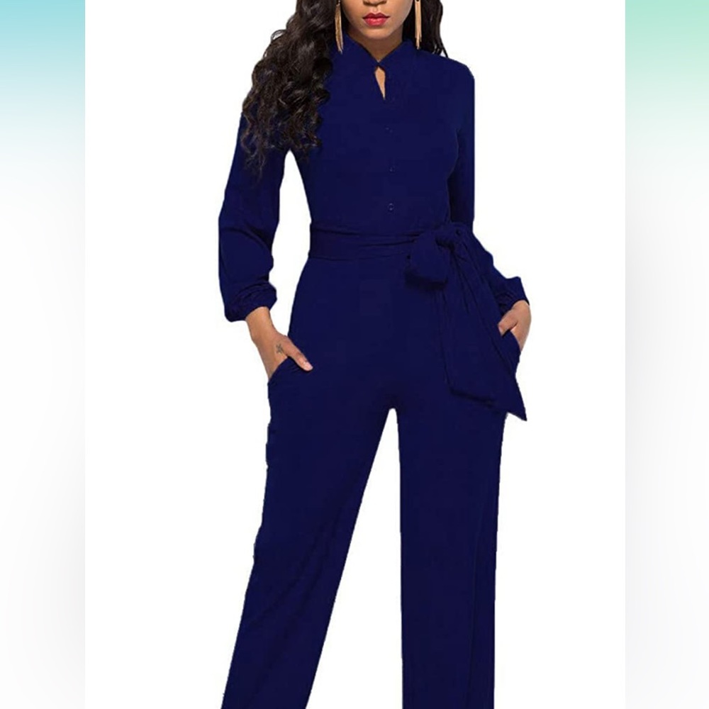 Navy blue long sleeve belted jumpsuit